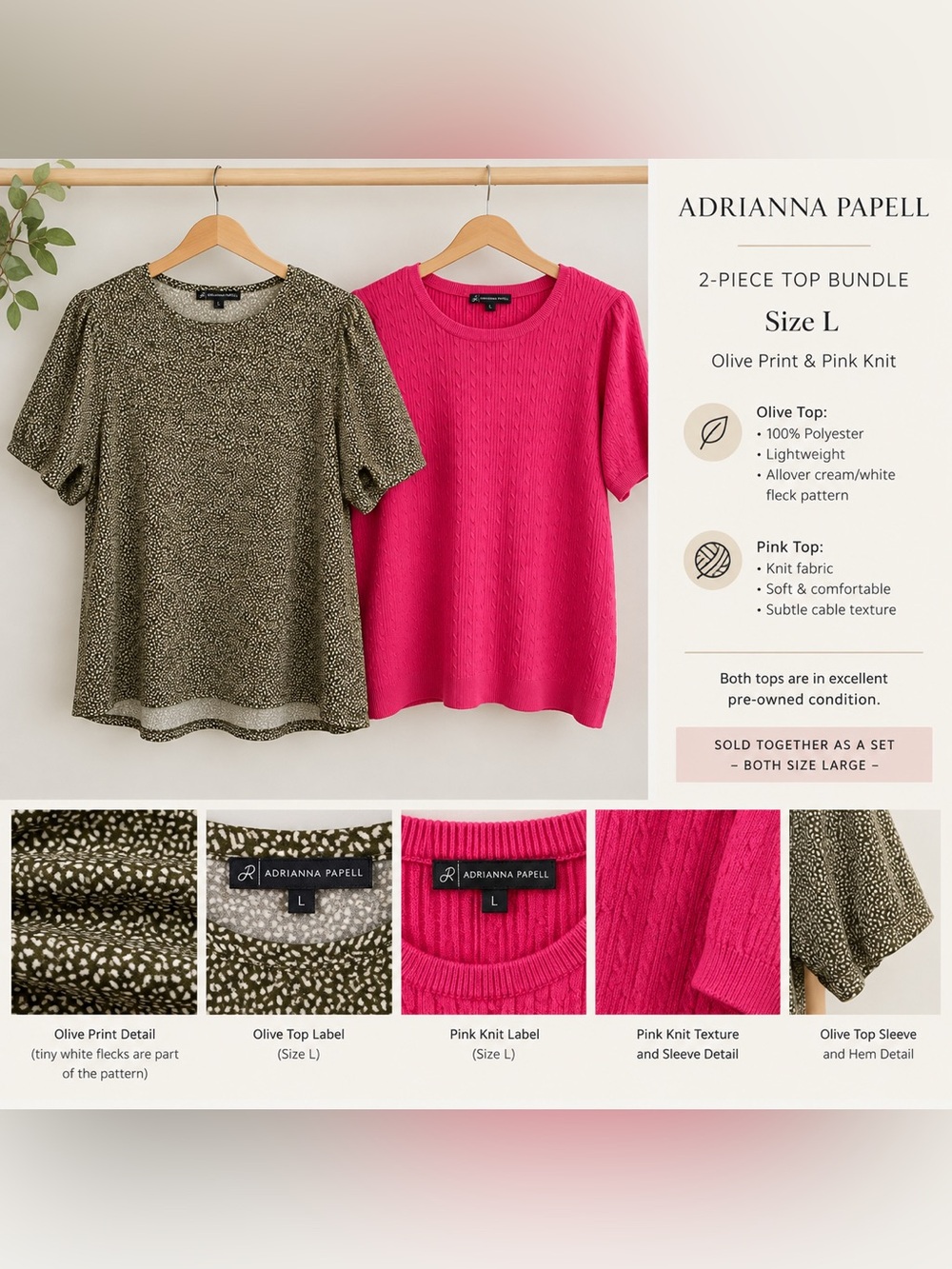 LOT Set of 2 Adrianna Papell Tops Large Print Top & Bright Pink Knit Short-Slee